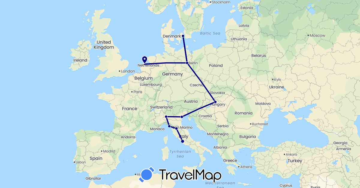 TravelMap itinerary: driving in Germany, Denmark, Hungary, Italy, Netherlands (Europe)