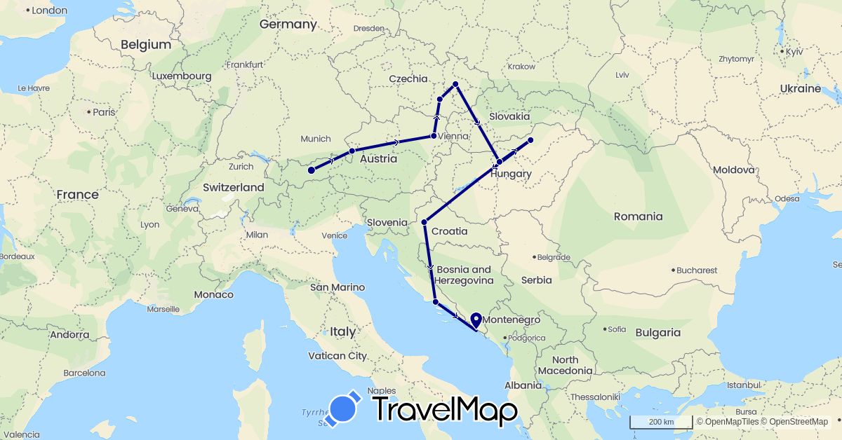 TravelMap itinerary: driving in Austria, Czech Republic, Croatia, Hungary (Europe)